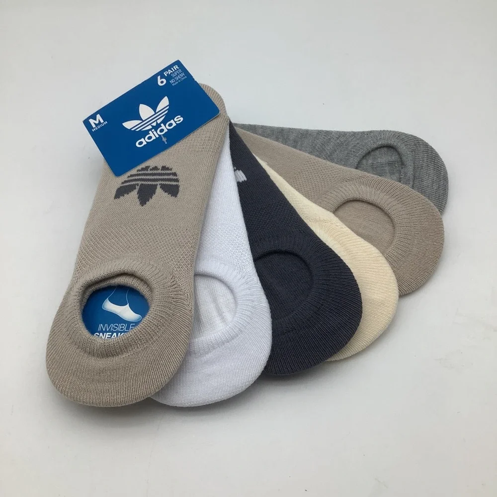 Adidas Super No Show Invisible Sneaker Socks 6 Pair Medium Beige Grey White NEW‎